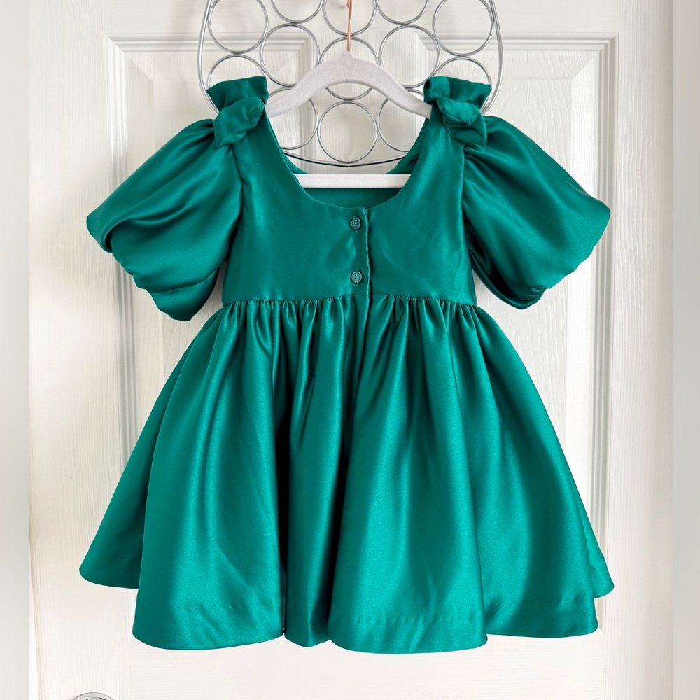 Janie & Jack The Satin Holiday Dress Emerald Green | Toddler 18-24m - Picture 4 of 14